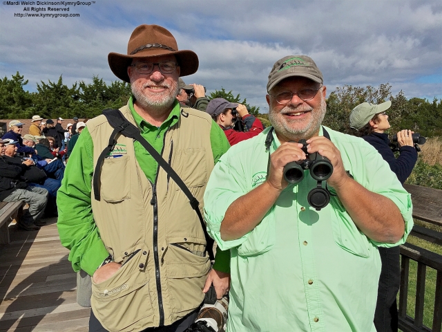 L to R. Kevin Laughlin and Greg Miller, Wildside Nature Tours & CMFBF Exhibitor at Cape May Point Hawk Watch Platform, Cape May Point State Park, NJ. ©Mardi Welch Dickinson.